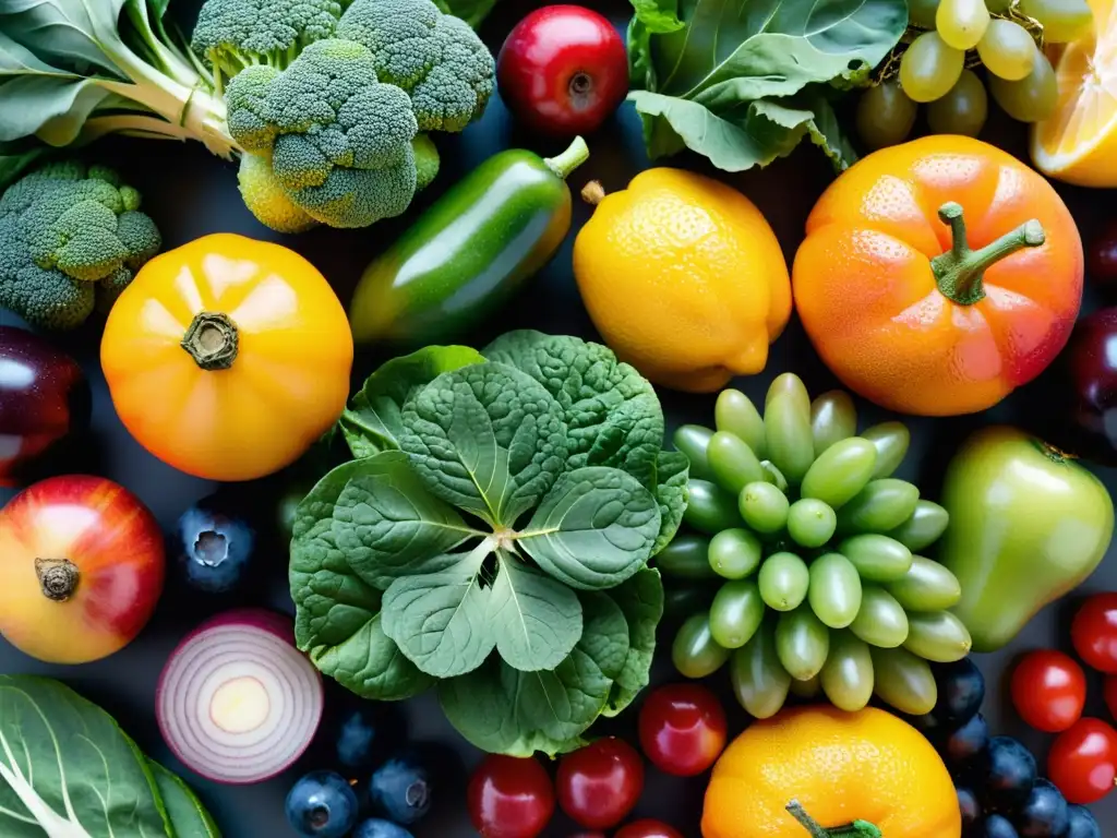 Exhibición vibrante de frutas y verduras: Detalles impresionantes Una exquisita variedad de frutas y verduras resplandecientes, realzadas por la luz natural