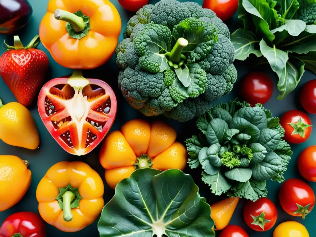 Arcoíris Nutritivo: Frutas y Verduras Frescas en Detalle Una exquisita variedad de frutas y verduras frescas, vibrantes y jugosas, dispuestas en un patrón simétrico