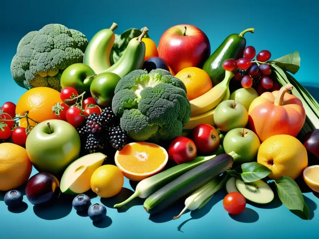 Arte en Frutas y Verduras: Nutrición Inmune 8k Una exquisita variedad de frutas y verduras frescas y coloridas, presentadas de forma artística