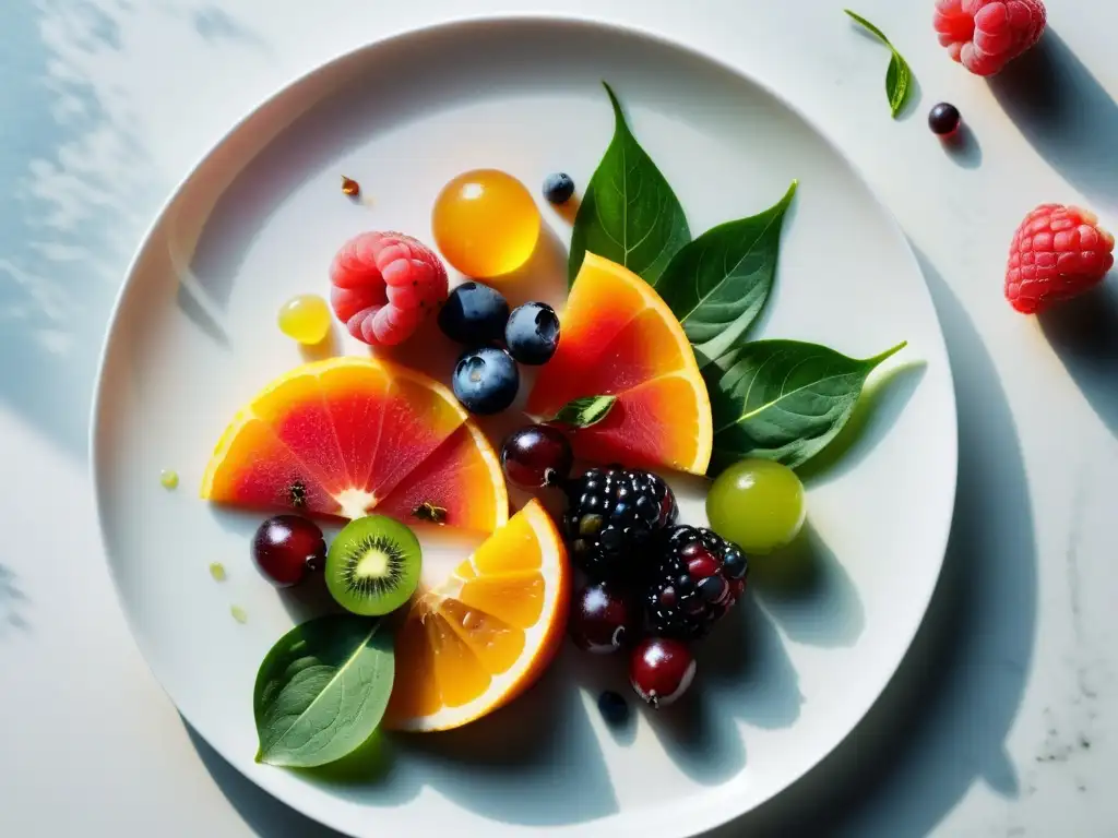 Una exquisita variedad de frutas, verduras y alimentos fermentados en un plato blanco minimalista