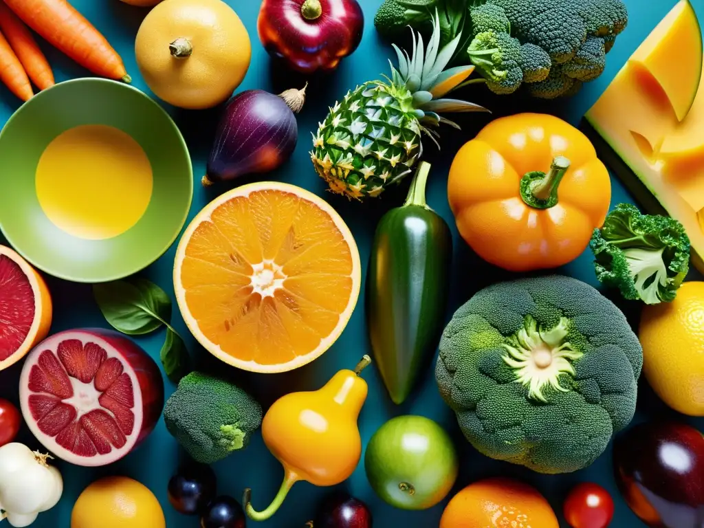 Exuberante variedad de frutas y verduras: una oda a la belleza natural Una exquisita variedad de frutas y verduras coloridas, frescas y apetitosas, que destaca la diversidad y belleza natural de opciones nutritivas