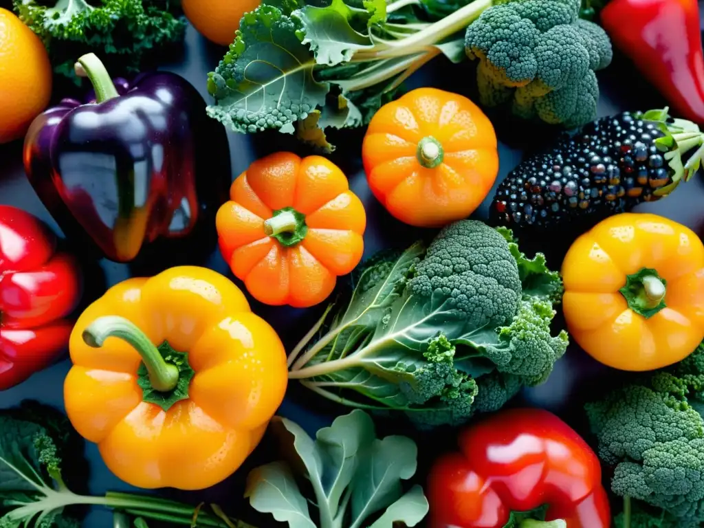 Exquisita variedad de frutas y verduras frescas Una exquisita variedad de frutas y verduras frescas, vibrantes y coloridas, con gotas de agua, iluminadas naturalmente