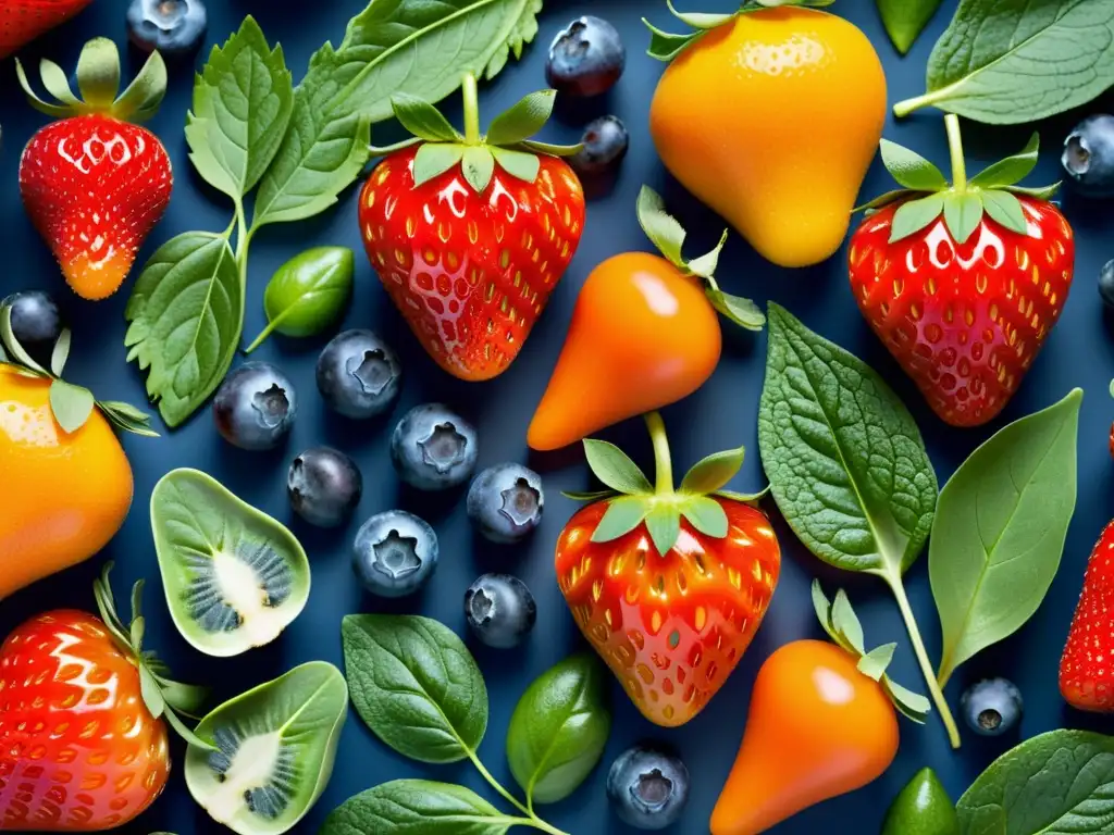 Deslumbrante variedad de frutas y verduras frescas Una exquisita variedad de frutas y verduras frescas, con colores vibrantes y texturas tentadoras