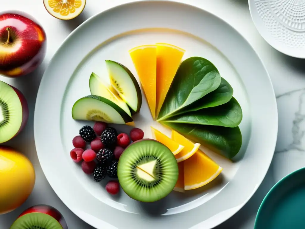 Exquisita variedad de frutas y verduras en detalle Una exquisita variedad de frutas y verduras vibrantes y frescas, en una elegante presentación en plato blanco
