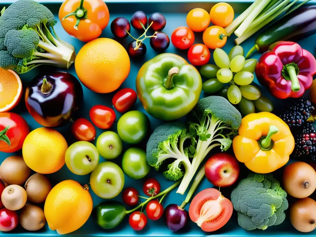 Increíble variedad de alimentos para la salud inmune Una exquisita variedad de frutas y verduras, vibrante y fresca, resaltando los nutrientes clave para el sistema inmune
