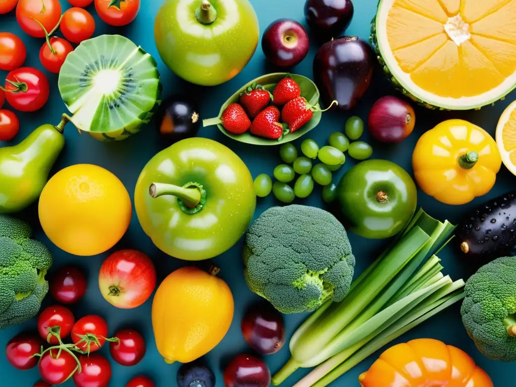 Exquisita variedad de frutas y verduras frescas en 8K Una exquisita variedad de frutas y verduras frescas, brillantes y coloridas, dispuestas de manera artística