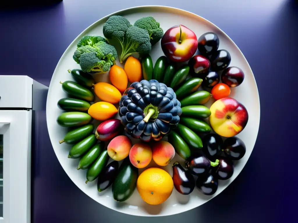 Arcoíris de Frutas y Verduras en Encimera Moderna Una exquisita variedad de frutas y verduras frescas en una cocina moderna, resaltando la importancia de planes de salud inmunológicos