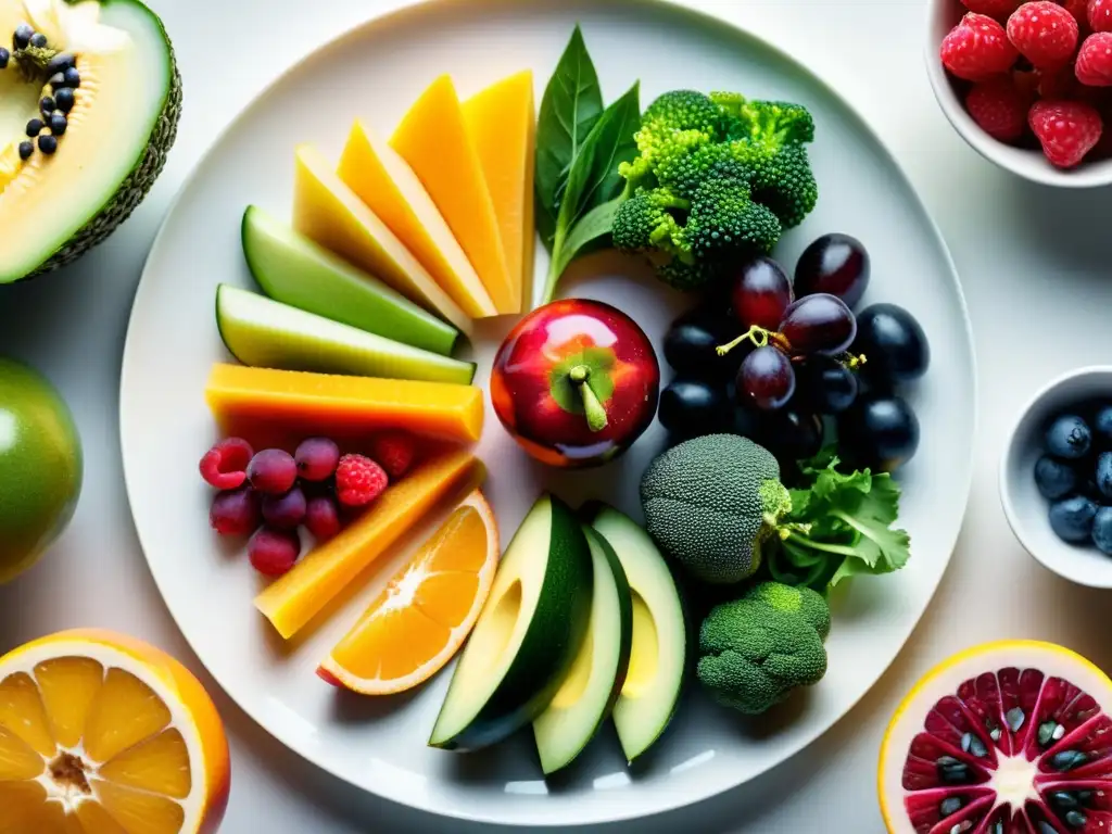Arte culinario: Frutas y verduras vibrantes en detalle Una exquisita variedad de frutas y verduras en un plato blanco, resaltando la diversidad de alimentos que fortalecen el sistema inmunológico