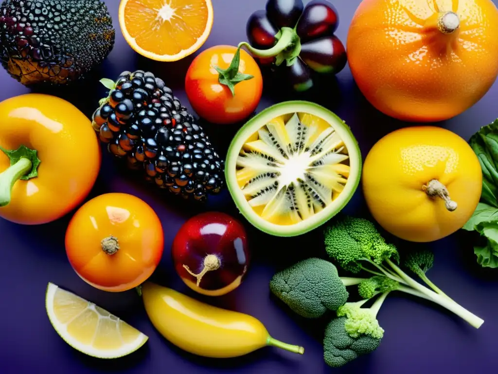 Una exquisita variedad de frutas y verduras vibrantes en una presentación apetitosa