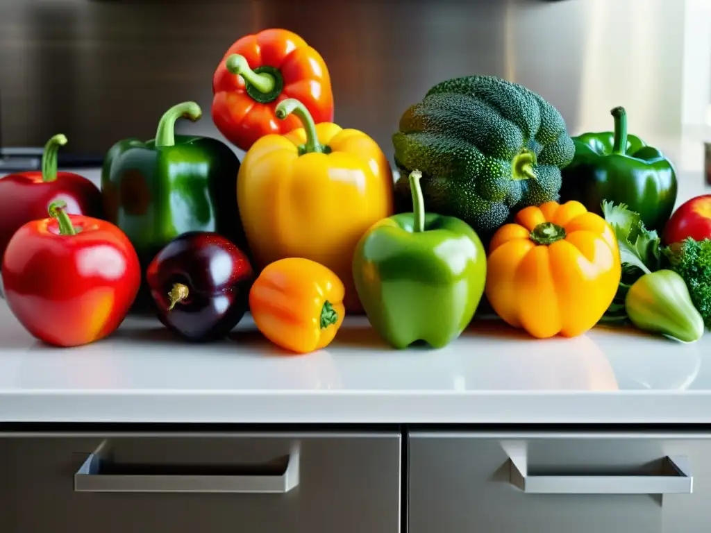 Una exquisita variedad de frutas y verduras en una cocina moderna