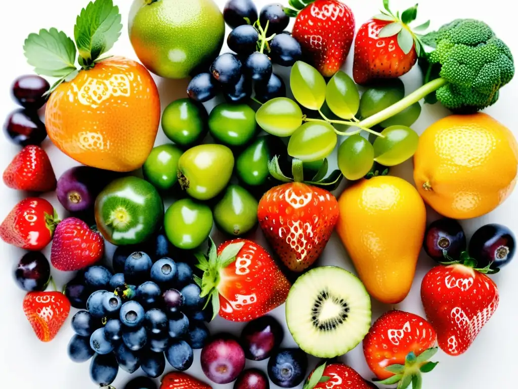Patrón simétrico de frutas y verduras vibrantes Una exquisita variedad de frutas y verduras frescas en un patrón simétrico
