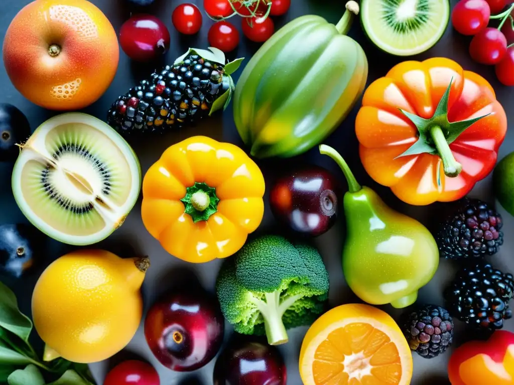 Frescura y Color: Detalles de Frutas y Verduras Una exquisita variedad de frutas y verduras en un patrón simétrico, con gotas de agua brillante