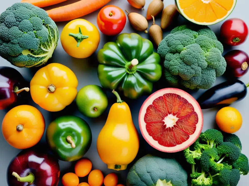 Arte natural: Frutas y verduras frescas en cocina moderna Una exquisita variedad de frutas y verduras frescas y coloridas, meticulosamente dispuestas en un elegante mostrador de cocina