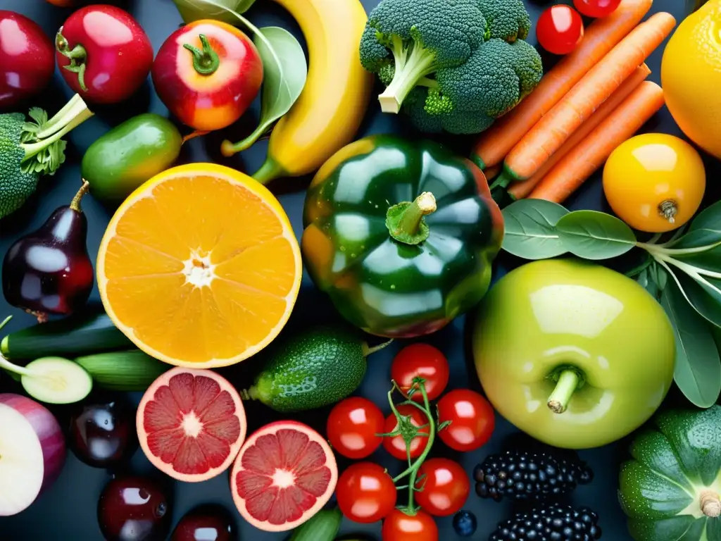 Exquisita variedad de frutas y verduras frescas - Detalles impactantes Una exquisita variedad de frutas y verduras frescas en una composición visualmente impactante