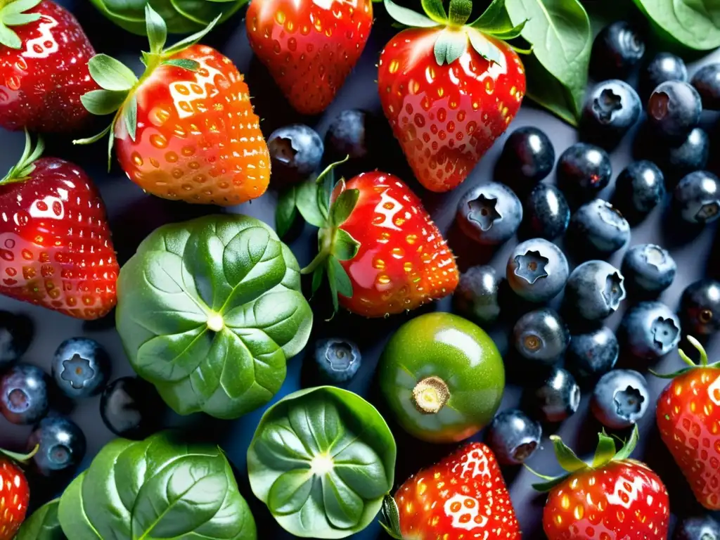 Exquisita frescura: Frutas y verduras detalladas en alta definición Una exquisita variedad de frutas y verduras frescas, con fresas rojas vibrantes, arándanos azules y espinacas verdes