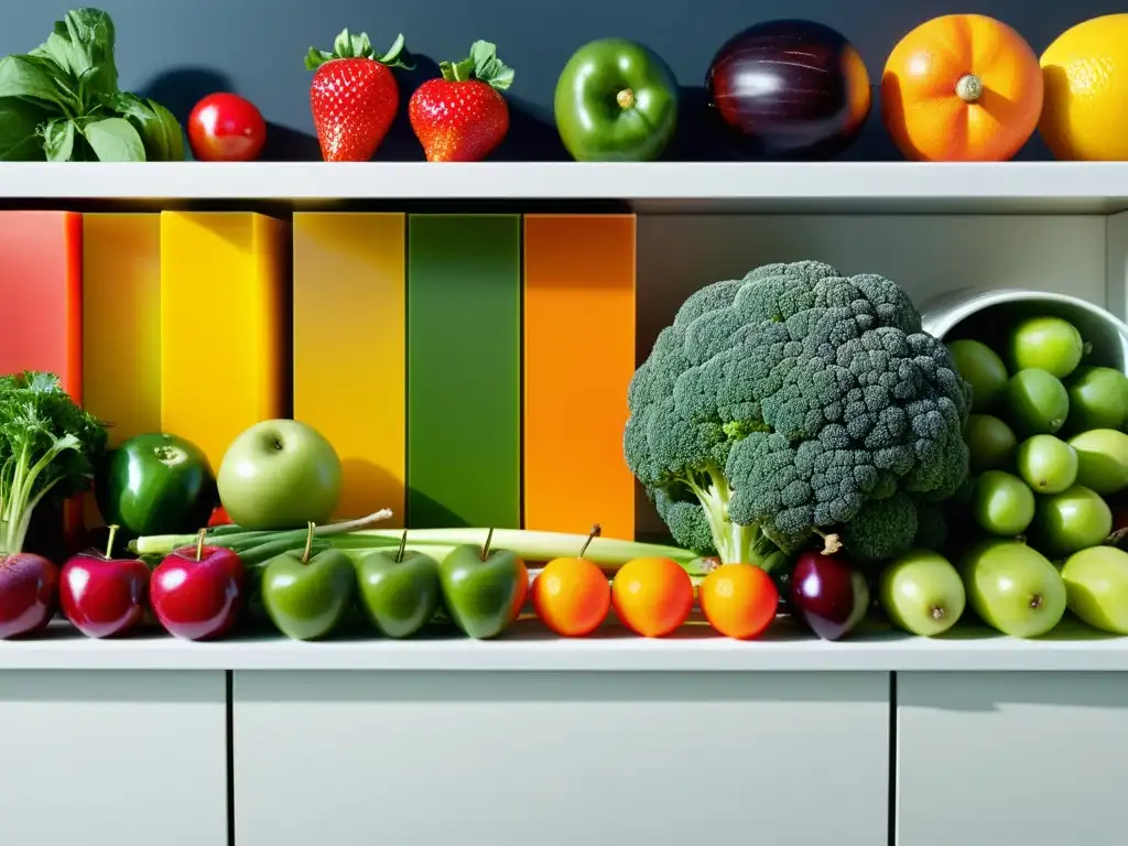 Vibrante variedad de frutas y verduras para una nutrición saludable Una exquisita variedad de frutas y verduras, dispuestas con elegancia en una cocina moderna