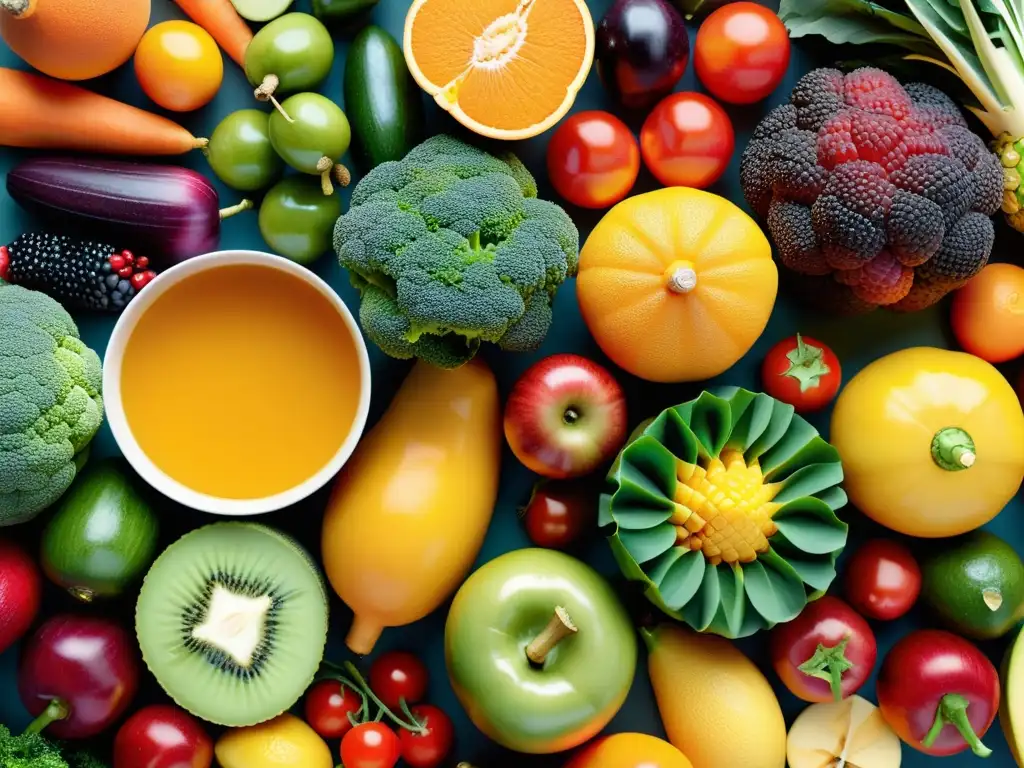 Arcoíris de Frutas y Verduras: Nutrición en Detalle Una exquisita variedad de frutas y verduras frescas, coloridas y detalladas, destacando los beneficios probióticos para sistema inmune