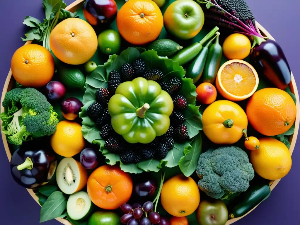 Exquisita exhibición de frutas y verduras Una exquisita variedad de frutas y verduras coloridas, dispuestas en un patrón circular detallado