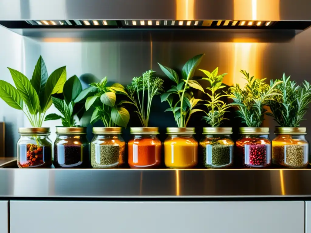 Esencia culinaria: Detalles vibrantes y frescos en la cocina Una exquisita variedad de hierbas y especias coloridas, perfectamente dispuestas en una cocina moderna