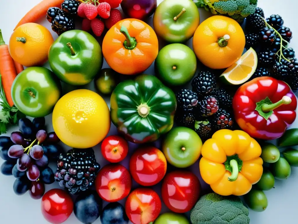 Una exquisita y vibrante composición de frutas y verduras frescas, resaltando la nutrición para fortalecer el sistema inmunológico