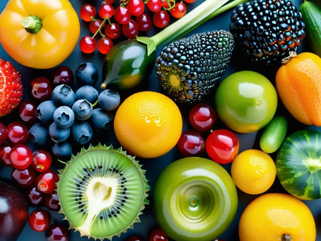 Delicia visual: Frutas y verduras vibrantes en detalle Una exquisita y vibrante composición de frutas y verduras, resaltando sus beneficios para la desintoxicación alimentaria y el sistema inmunitario