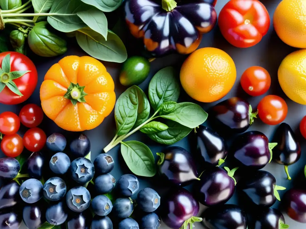 Arcoíris de Nutrición: Frutas y Verduras Vibrantes Una exquisita y vibrante selección de frutas y verduras, creando una presentación irresistible