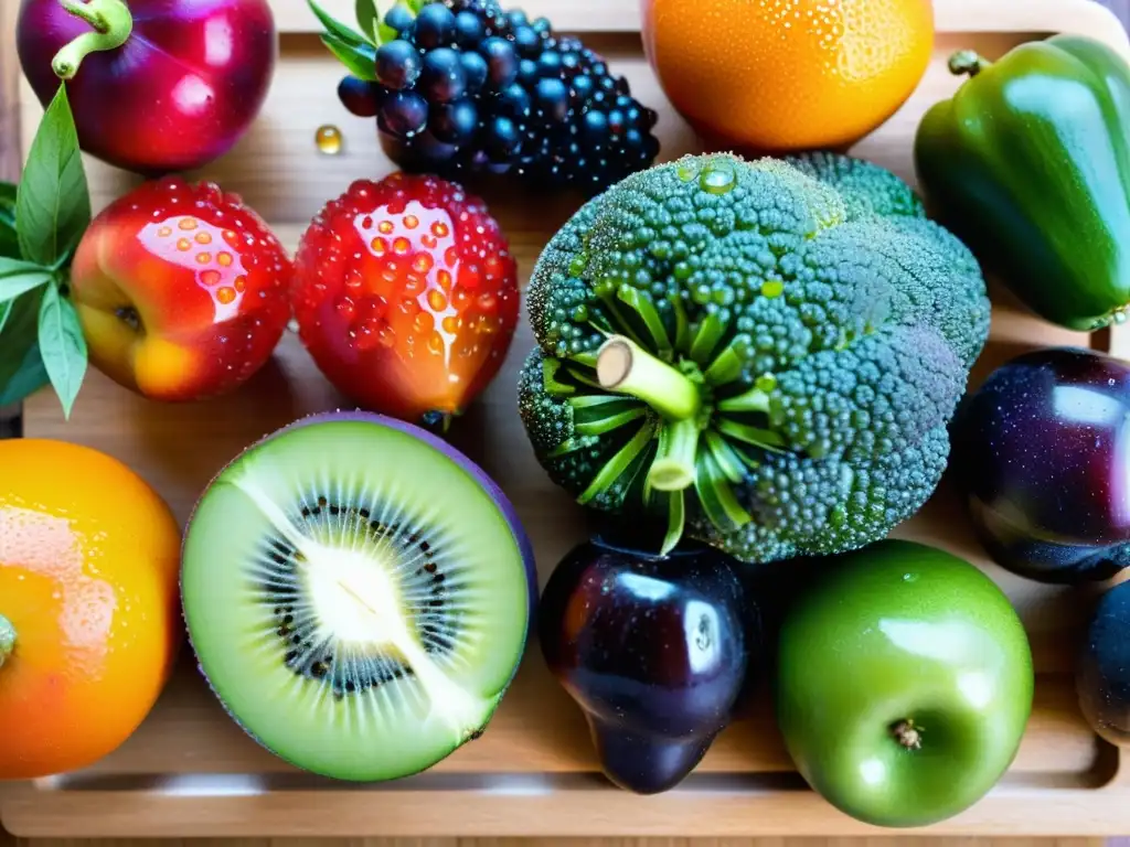 Exuberante frescura: Frutas y verduras vibrantes en detalle Una exquisita y vibrante selección de frutas y verduras frescas sobre tabla de madera
