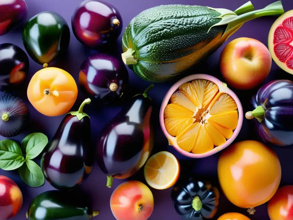 Arcoíris de Frutas y Verduras Frescas para Detox Una exquisita y vibrante variedad de frutas y verduras, formando un patrón geométrico moderno