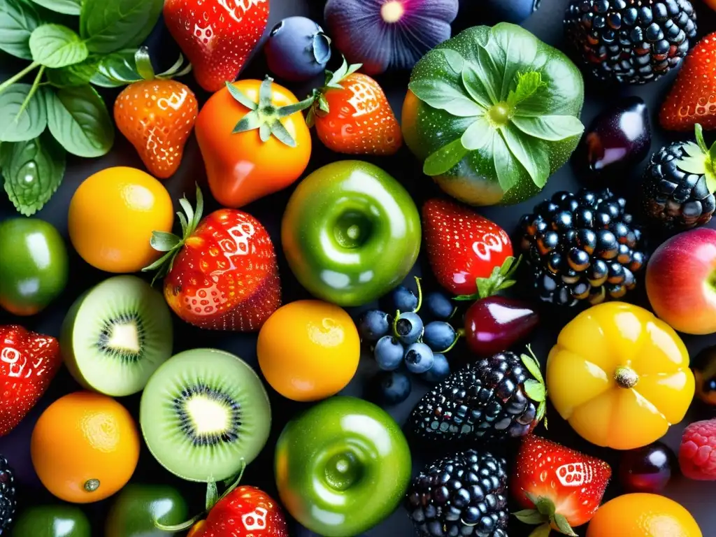 Arte Frutal: Detalles Nutritivos en Alta Definición Un exquisito arreglo de frutas y verduras frescas, vibrantes y detalladas, ideal para asesoramiento nutricional para inmunidad