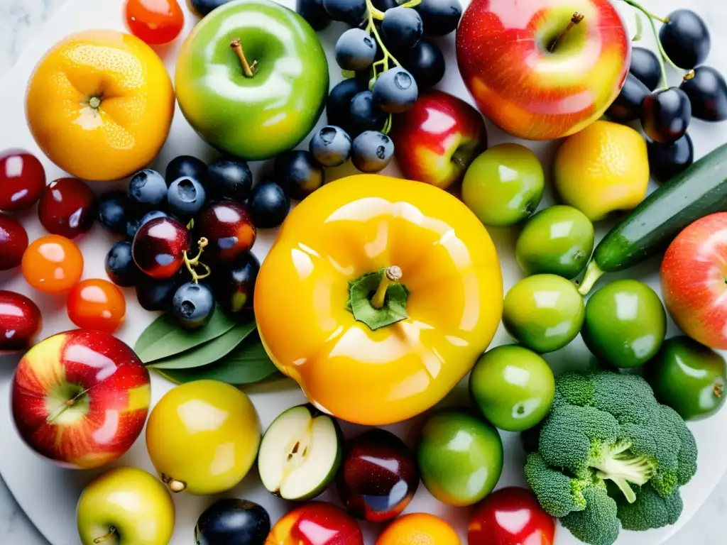 Un exquisito círculo de frutas y verduras frescas en un elegante mostrador de mármol blanco