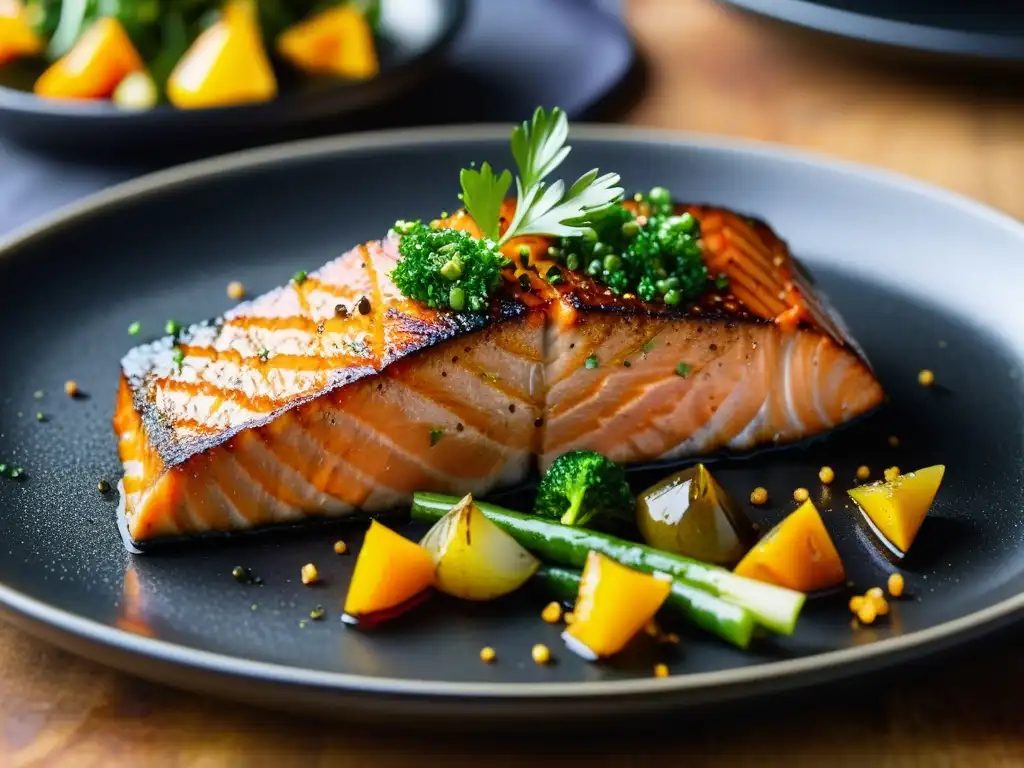 Exquisita presentación de salmón a la parrilla con vegetales vibrantes Un exquisito filete de salmón dorado con verduras asadas, un festín nutritivo y delicioso para recetas con alimentos ricos en zinc