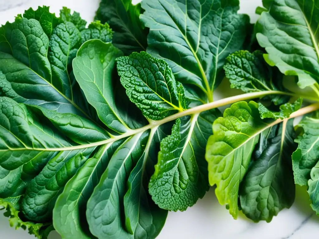 Verduras de hojas verdes frescas en mármol blanco Un exquisito y fresco arreglo de vegetales verdes sobre mármol blanco iluminado por el sol