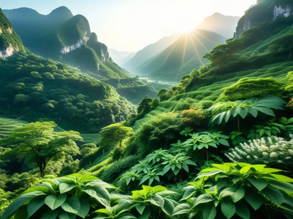 Bosque de Plantas Adaptógenas: Vitalidad y Resiliencia Un exuberante bosque verde con plantas adaptógenas que fortalecen el sistema inmunológico