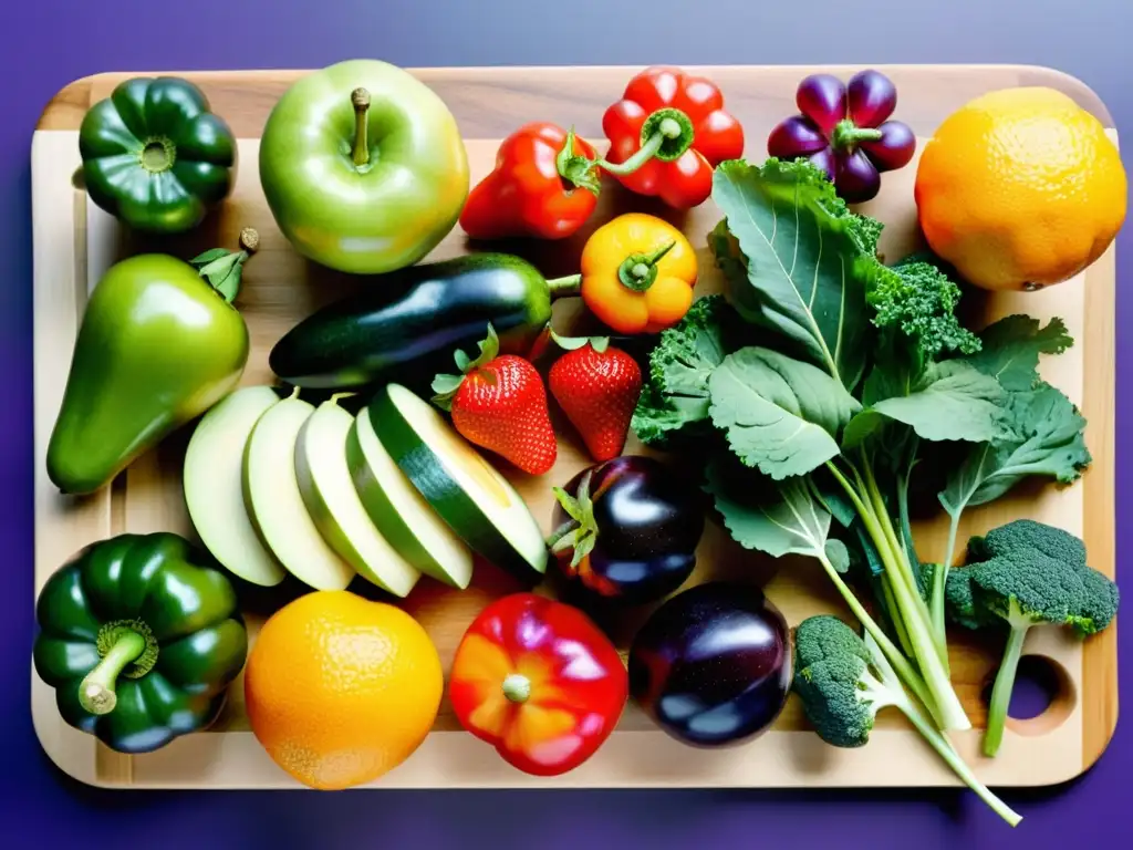 Deliciosa variedad de frutas y verduras frescas en tabla de cortar Una exuberante y colorida variedad de frutas y verduras frescas, ordenadas sobre una tabla de cortar de madera