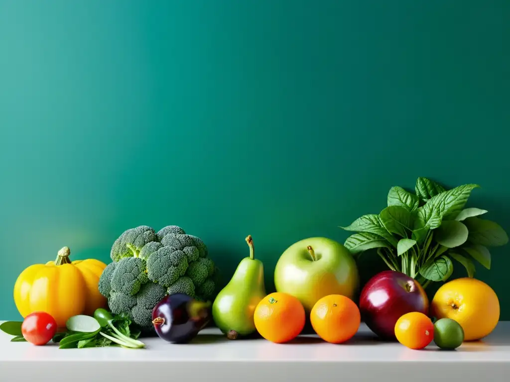 Exuberante variedad de frutas y verduras en cocina moderna Una exuberante y colorida variedad de frutas, verduras y hierbas frescas en una cocina inmunoestimulante para fortalecer