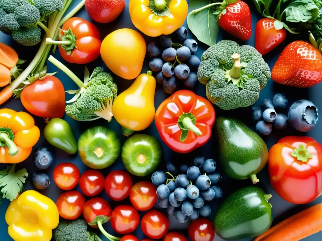 Exuberante variedad de frutas y verduras frescas Un exuberante y colorido arreglo de frutas y verduras frescas que invita a fortalecer el sistema inmunológico con una dieta rica en nutrientes