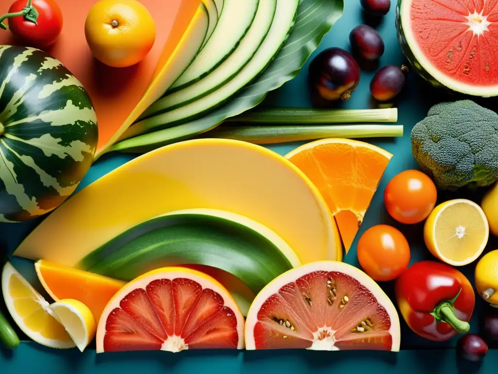Exuberante frescura: Frutas y verduras en una obra maestra moderna Una exuberante composición de frutas y verduras frescas, rebanadas y dispuestas en un patrón moderno y llamativo