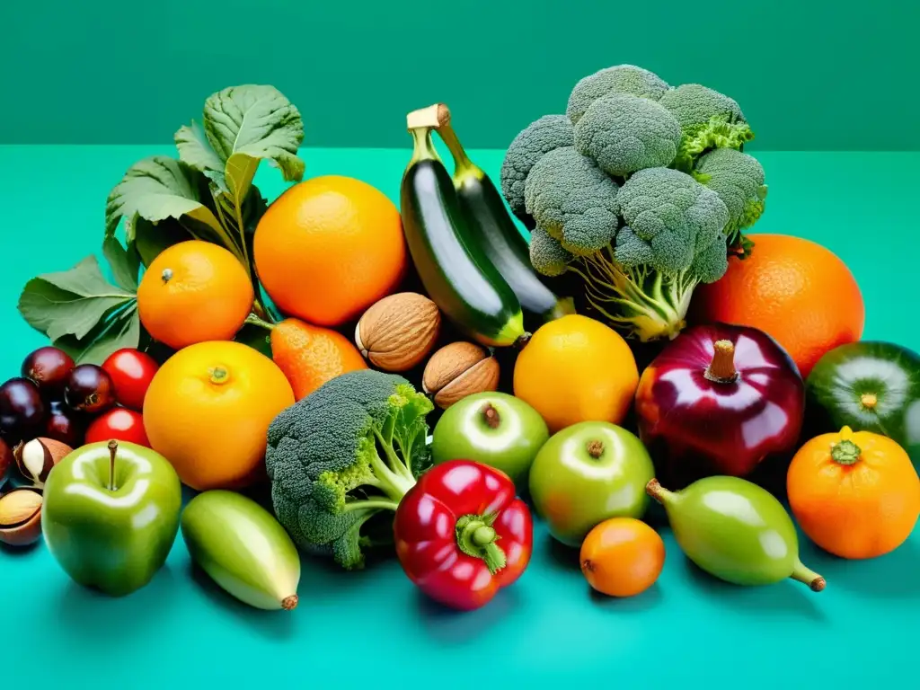 Deliciosa variedad de frutas, verduras y frutos secos frescos Una exuberante y detallada imagen de una colorida variedad de frutas, verduras y frutos secos, creando una representación visualmente impresionante de una dieta para fortalecer el sistema inmunológico