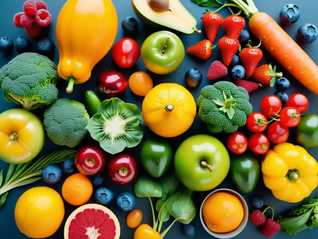 Abundancia de Frutas y Verduras Frescas para una Salud Vibrante Una exuberante y detallada imagen de frutas y verduras frescas y brillantes, dispuestas en un patrón visualmente impactante y atractivo
