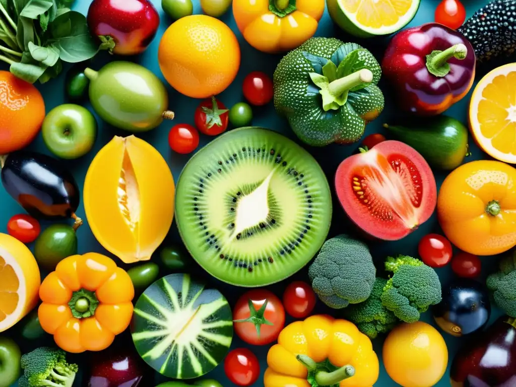 Arcoíris de Frutas y Verduras Frescas - Detalles Deslumbrantes Una exuberante y detallada imagen de frutas y verduras frescas, perfectamente organizadas y resplandecientes con gotas de agua