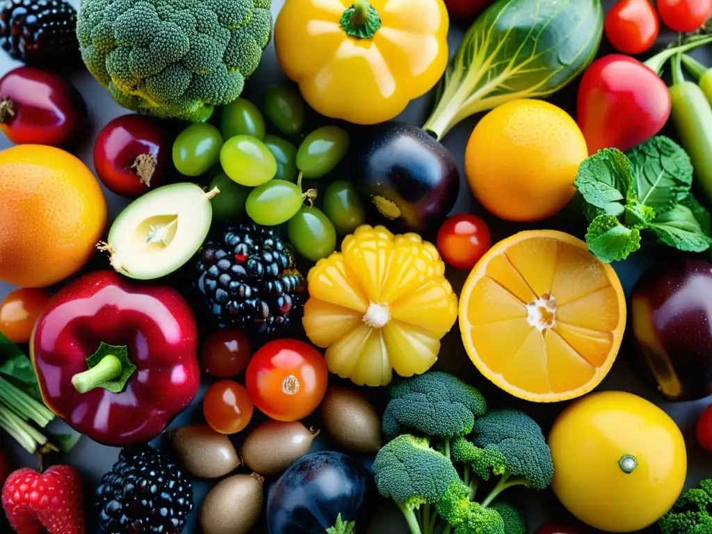 Arte natural: Detalle vibrante de frutas y verduras frescas Una exuberante y detallada imagen de frutas y verduras frescas, con colores vibrantes y texturas naturales