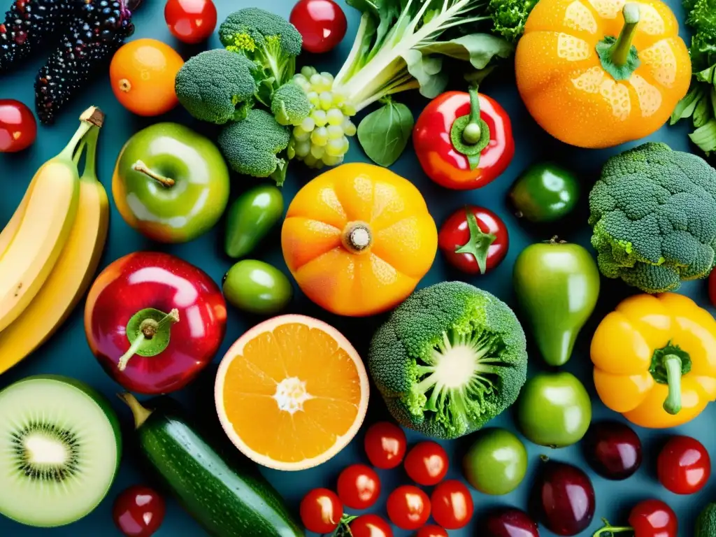 Exquisita variedad de frutas y verduras frescas Una exuberante y detallada variedad de frutas y verduras frescas, goteando agua, en un patrón simétrico