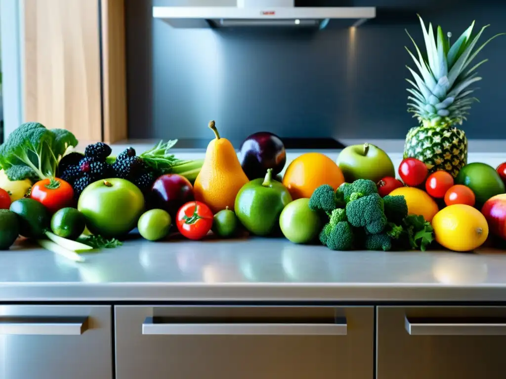 Una exuberante y diversa selección de frutas y verduras frescas y coloridas en una cocina moderna