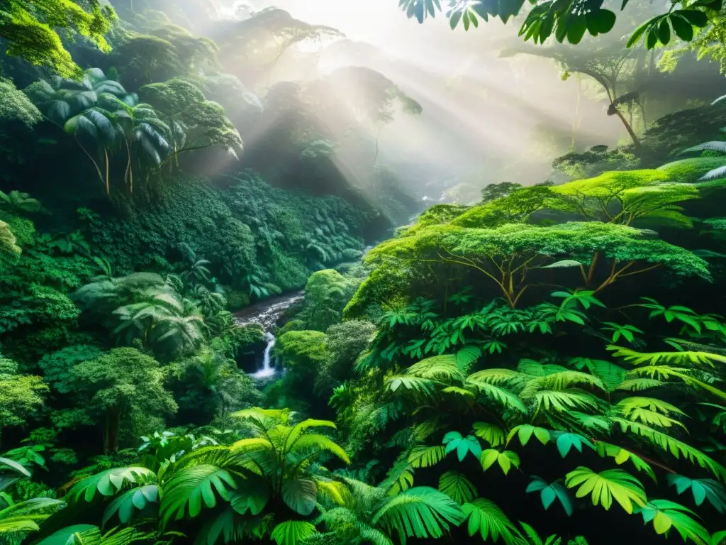 Selva exuberante: vida vibrante en 8k Un exuberante y diverso bosque lluvioso con vida silvestre, reflejando la importancia del sistema inmunológico y el cambio climático