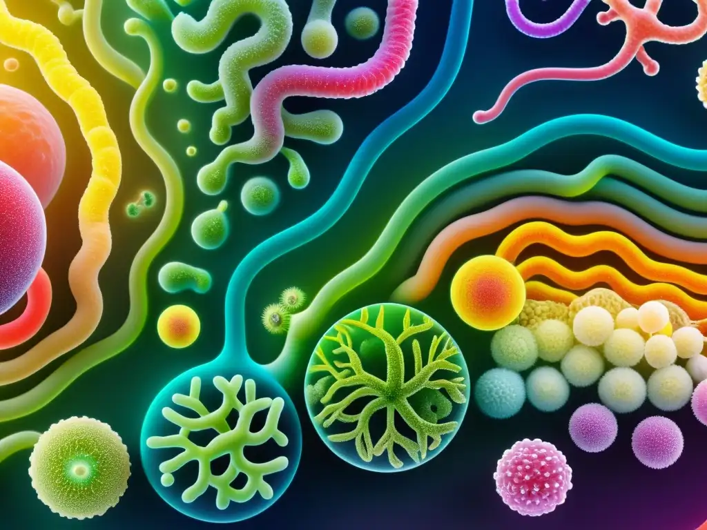 Microbiota intestinal: diversidad y vitalidad Exuberante ecosistema de microbiota intestinal, ilustrando la combinación de probióticos y prebióticos para beneficios óptimos de salud