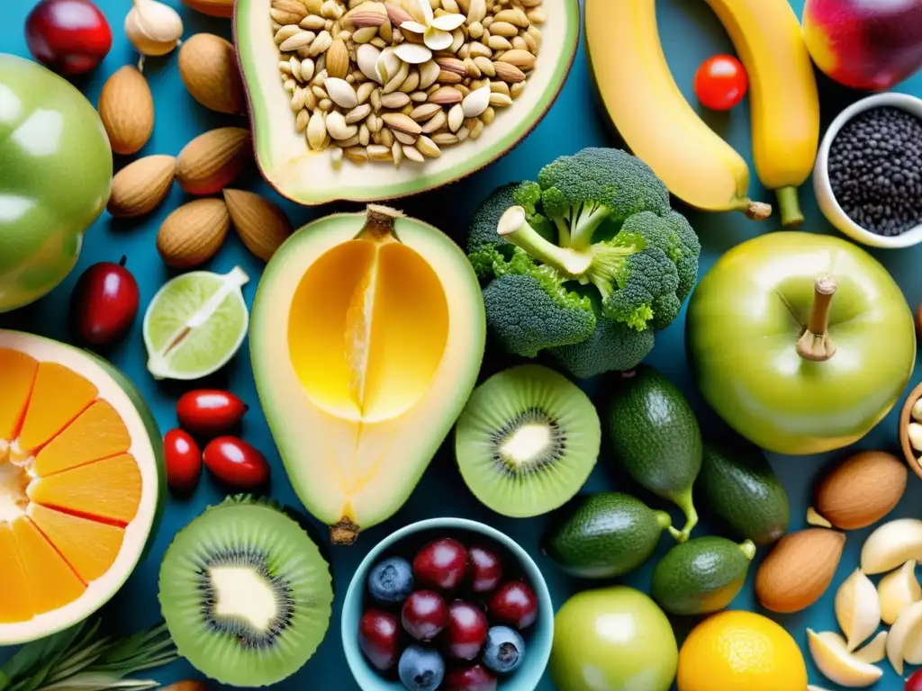Delicioso y saludable banquete de frutas y verduras Una exuberante exhibición de frutas, verduras, frutos secos y semillas que aportan nutrición para enfermedades autoinmunes