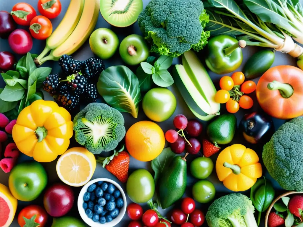 Una exuberante exhibición de frutas y verduras crujientes, resplandeciendo con vitalidad