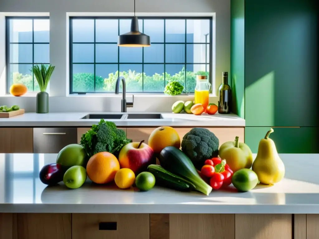 Exquisita variedad de frutas y verduras en cocina moderna Una exuberante exhibición de frutas y verduras frescas en una cocina moderna