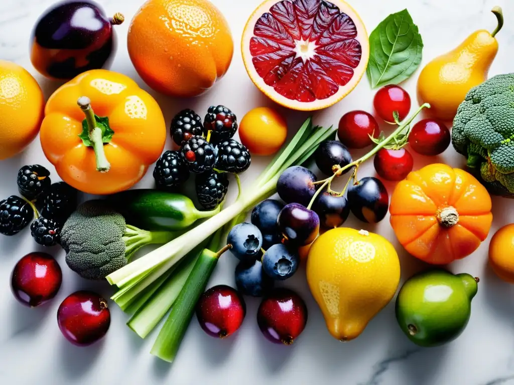 Exuberante exhibición de frutas y verduras frescas en mármol blanco Una exuberante exhibición de frutas y verduras frescas, resplandecientes y coloridas en una encimera de mármol blanco
