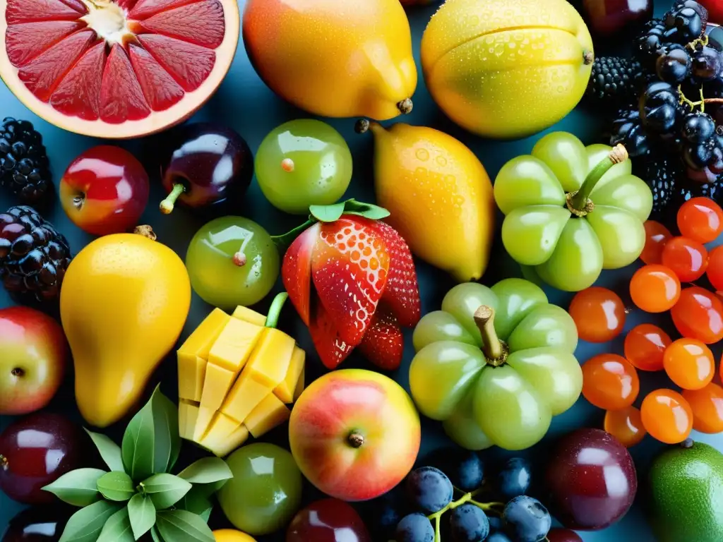 Una exuberante exhibición de frutas y verduras frescas, resplandeciendo en colores vibrantes y tamaños variados